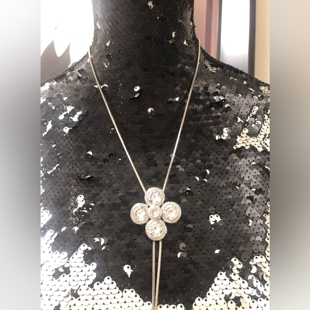 Rhinestones Statement Lariat Necklace on Adjustable Serpent Chain Silver & New! - Picture 7 of 7